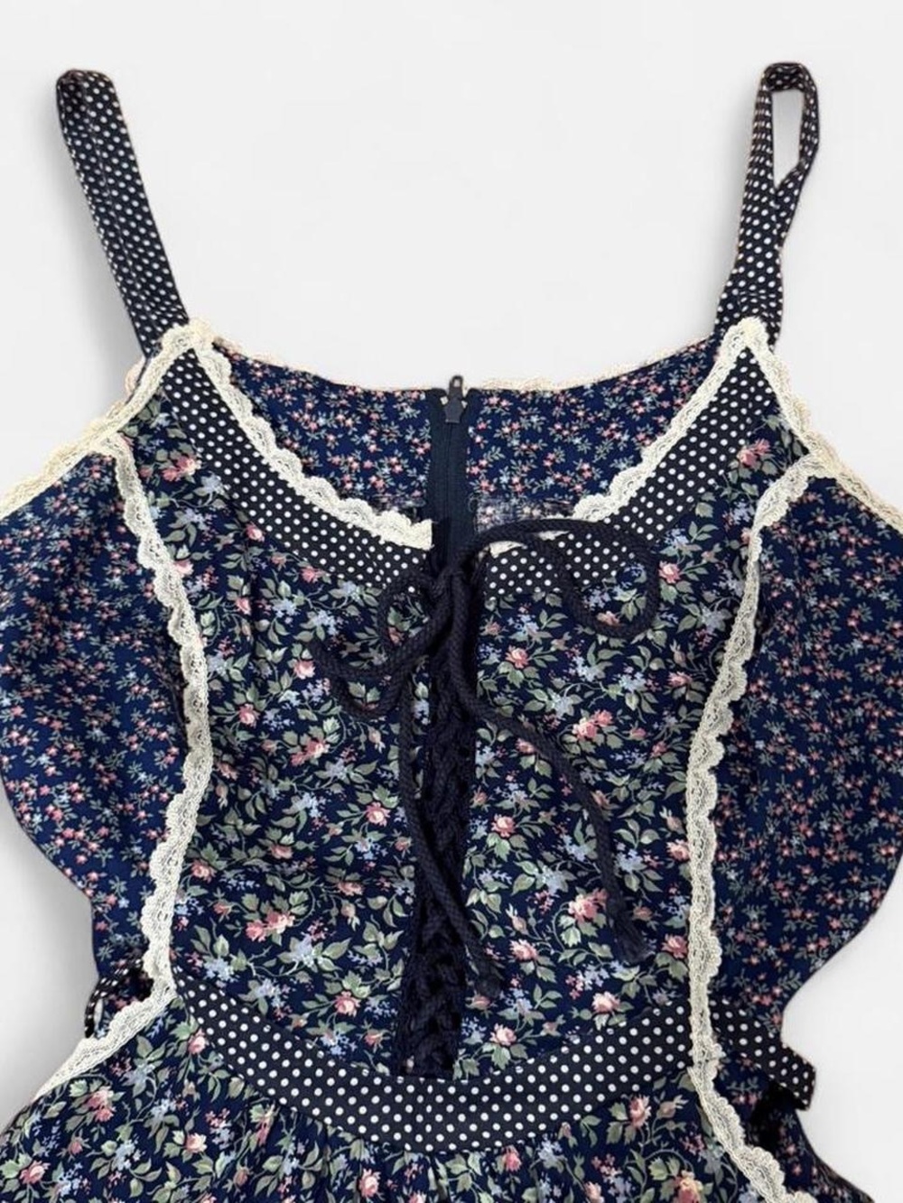 Vintage Gunne Sax by Jessica Navy Calico Praire Dress Corset Tie 1970s - Picture 11 of 12